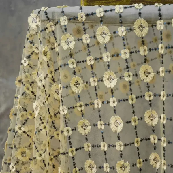 3D Floral Tassel Sequin Embroidered Mesh Lace Fabric – 1 m